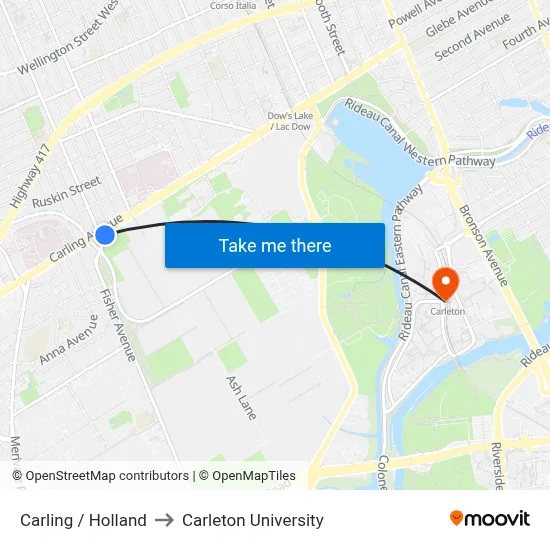 Carling / Holland to Carleton University map