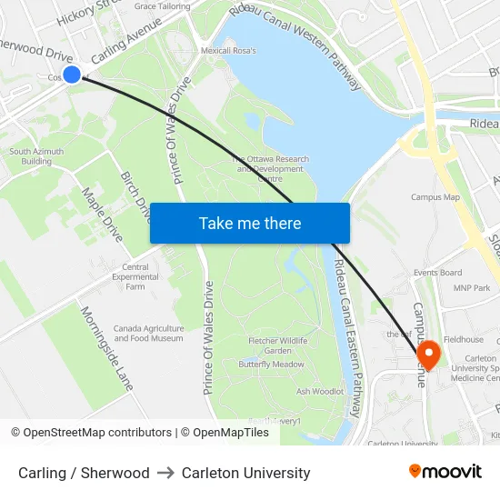 Carling / Sherwood to Carleton University map