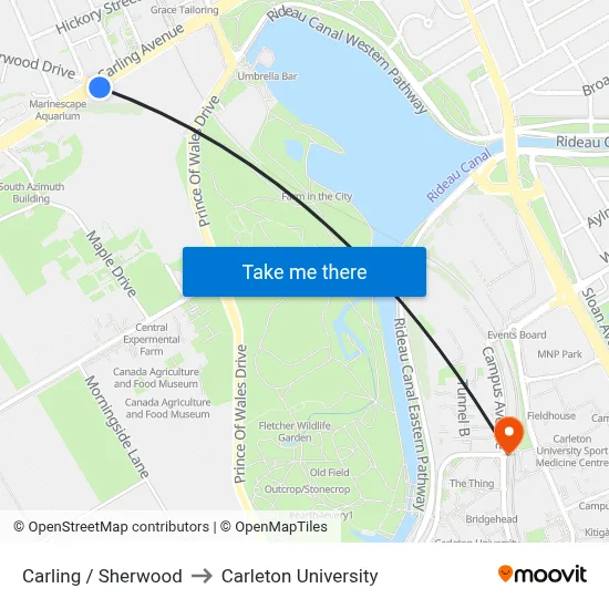 Carling / Sherwood to Carleton University map