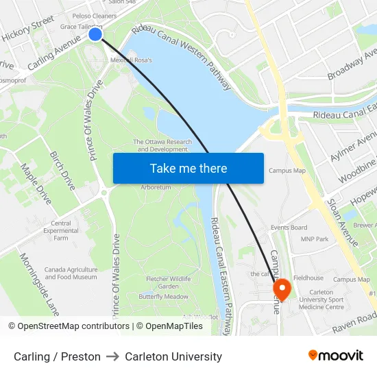 Carling / Preston to Carleton University map