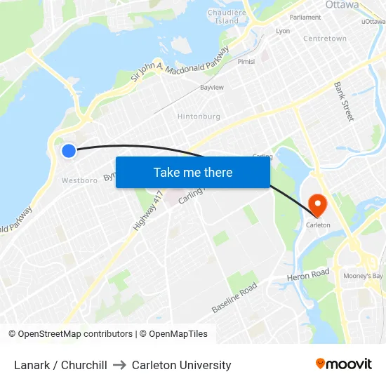 Lanark / Churchill to Carleton University map