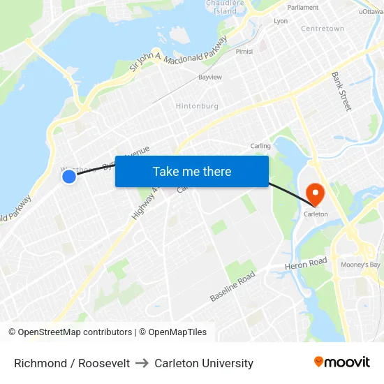 Richmond / Roosevelt to Carleton University map