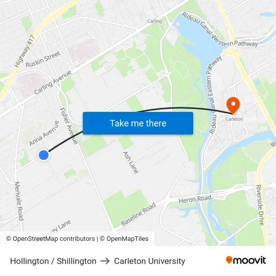 Hollington / Shillington to Carleton University map
