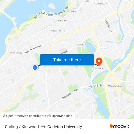 Carling / Kirkwood to Carleton University map
