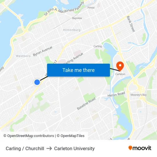 Carling / Churchill to Carleton University map