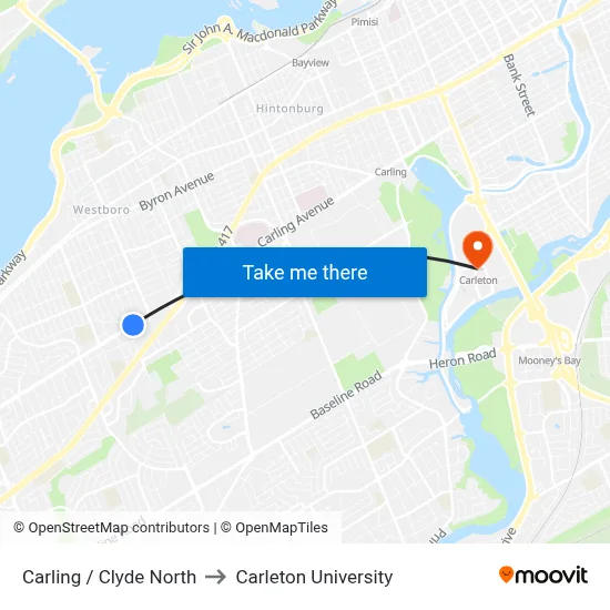 Carling / Clyde North to Carleton University map