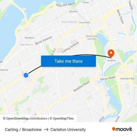 Carling / Broadview to Carleton University map