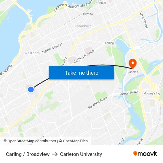 Carling / Broadview to Carleton University map