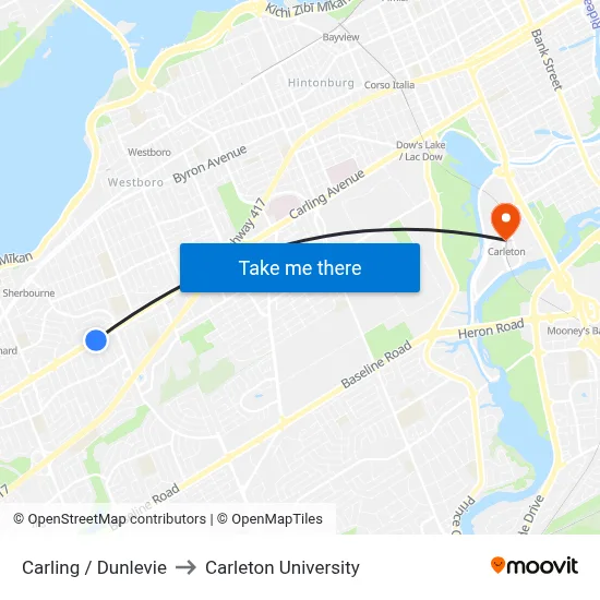 Carling / Dunlevie to Carleton University map
