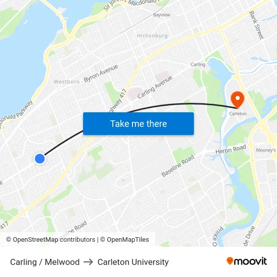 Carling / Melwood to Carleton University map