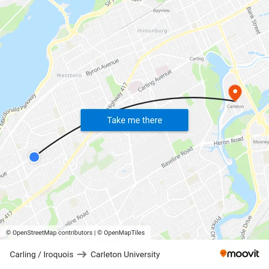 Carling / Iroquois to Carleton University map