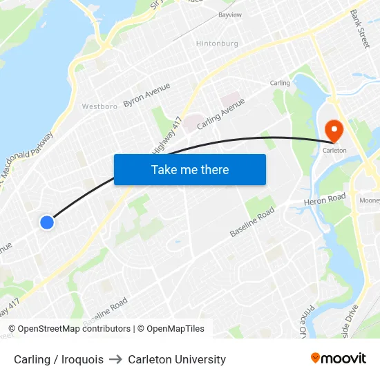 Carling / Iroquois to Carleton University map