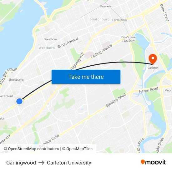 Carlingwood to Carleton University map