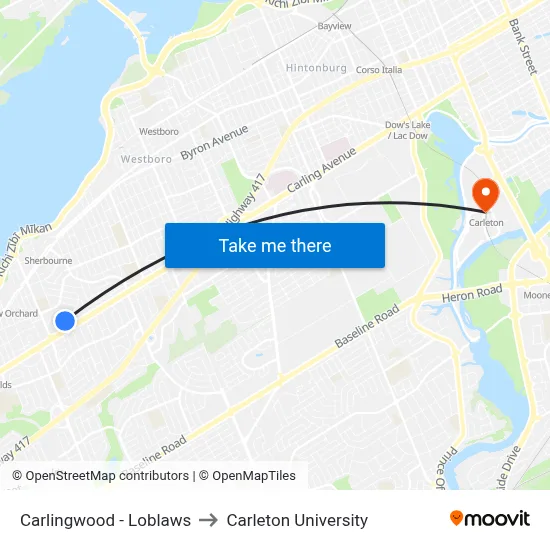 Carlingwood - Loblaws to Carleton University map