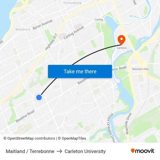 Maitland / Terrebonne to Carleton University map