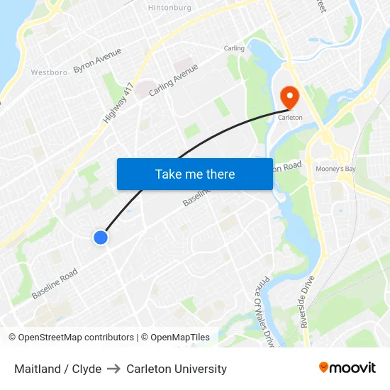 Maitland / Clyde to Carleton University map