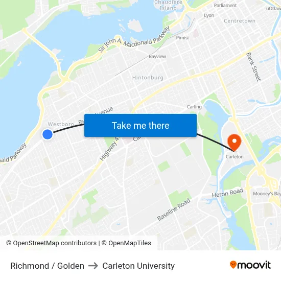 Richmond / Golden to Carleton University map