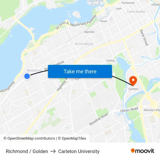 Richmond / Golden to Carleton University map
