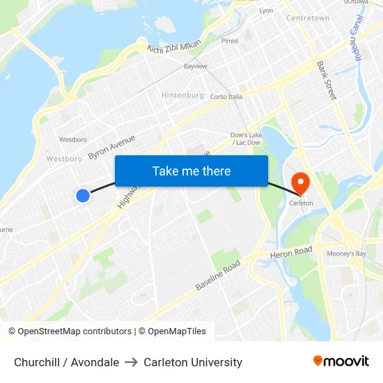 Churchill / Avondale to Carleton University map