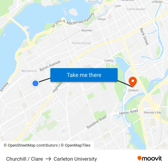 Churchill / Clare to Carleton University map
