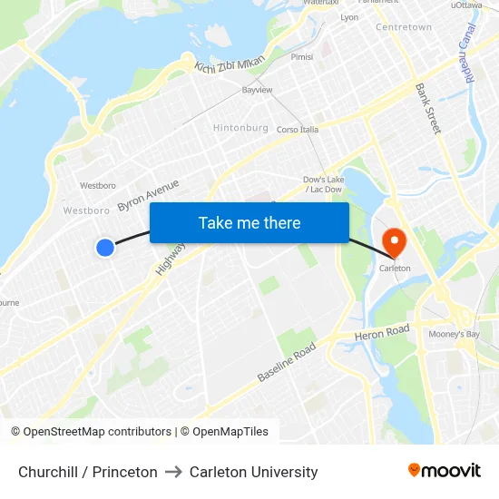 Churchill / Princeton to Carleton University map