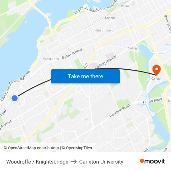 Woodroffe / Knightsbridge to Carleton University map