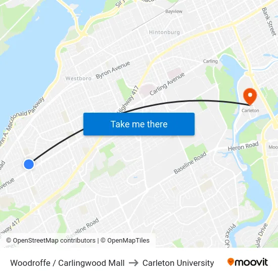 Woodroffe / Carlingwood Mall to Carleton University map