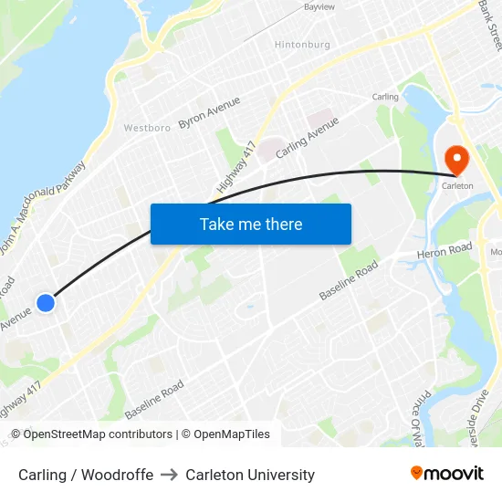 Carling / Woodroffe to Carleton University map