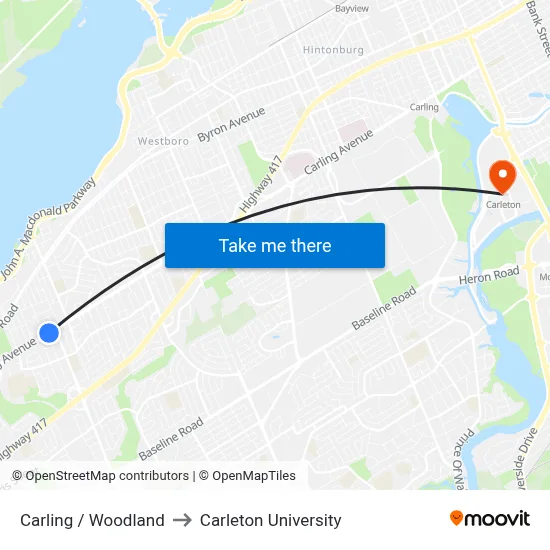 Carling / Woodland to Carleton University map