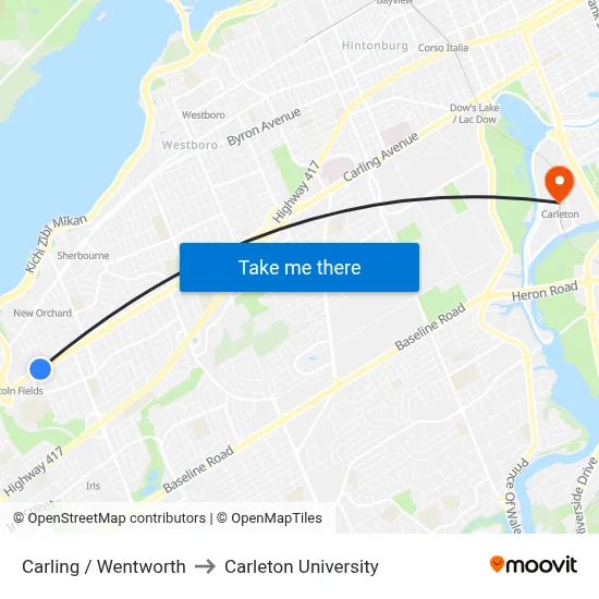 Carling / Wentworth to Carleton University map