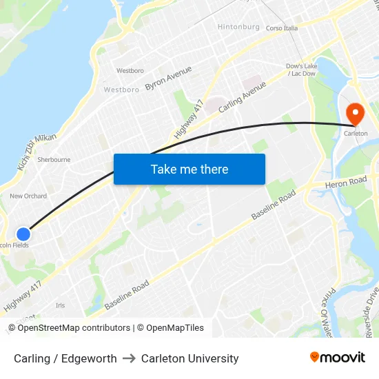 Carling / Edgeworth to Carleton University map