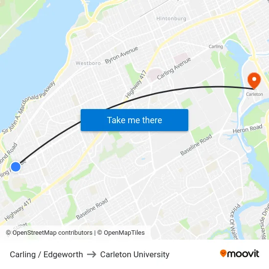 Carling / Edgeworth to Carleton University map
