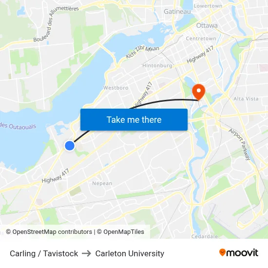 Carling / Tavistock to Carleton University map