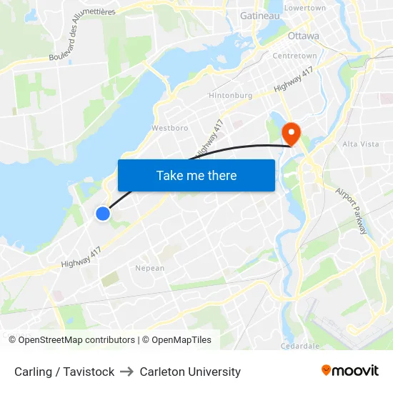 Carling / Tavistock to Carleton University map