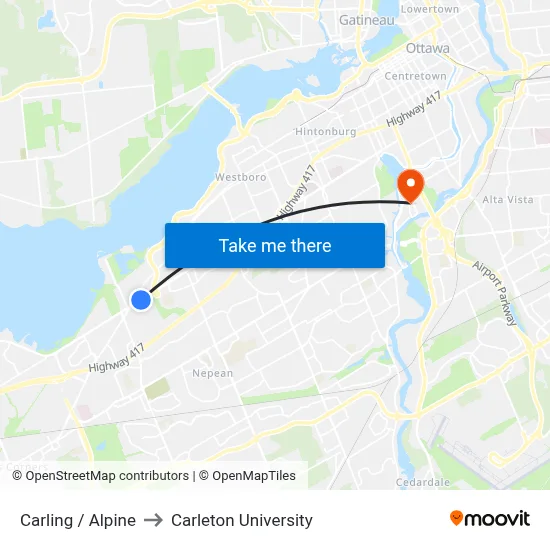 Carling / Alpine to Carleton University map