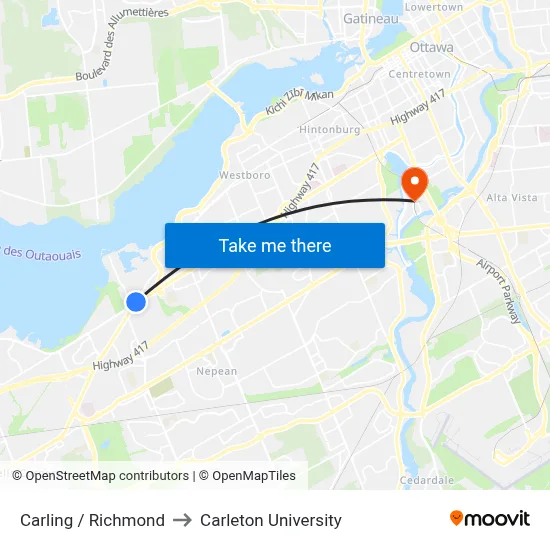 Carling / Richmond to Carleton University map