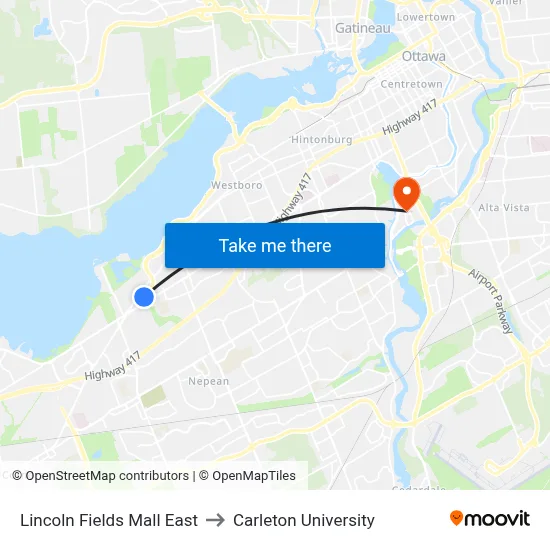 Lincoln Fields Mall East to Carleton University map