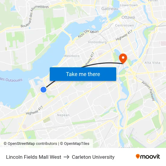 Lincoln Fields Mall West to Carleton University map
