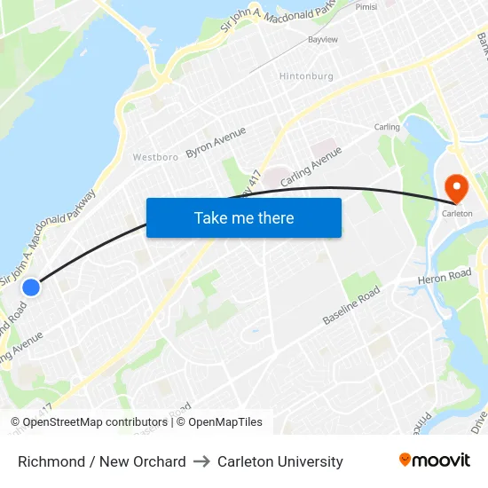 Richmond / New Orchard to Carleton University map