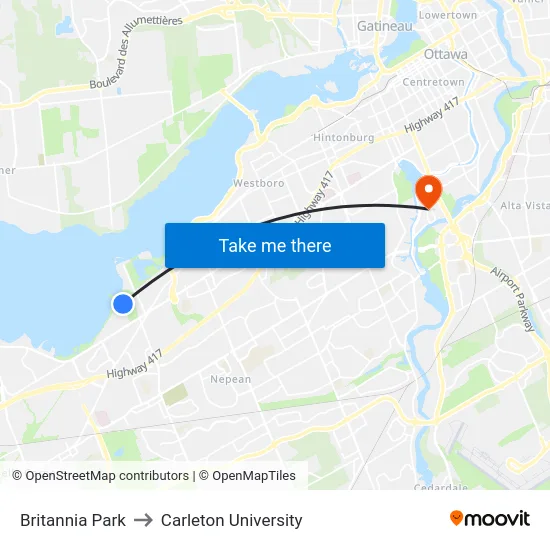 Britannia Park to Carleton University map