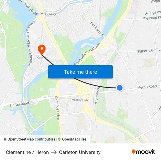 Clementine / Heron to Carleton University map