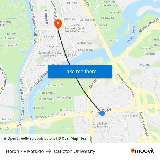 Heron / Riverside to Carleton University map