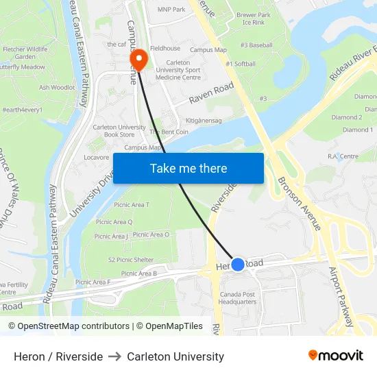 Heron / Riverside to Carleton University map