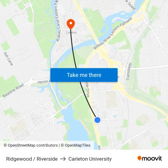 Ridgewood / Riverside to Carleton University map