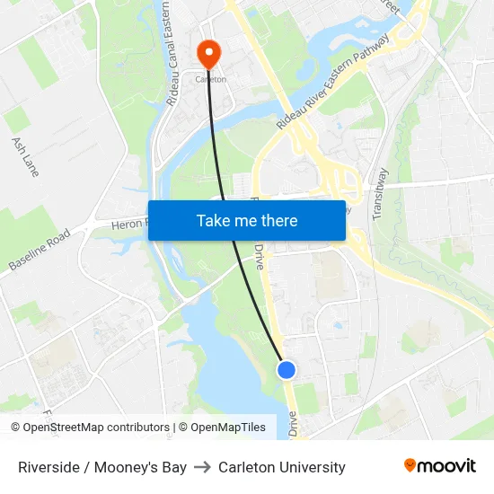 Riverside / Mooney's Bay to Carleton University map