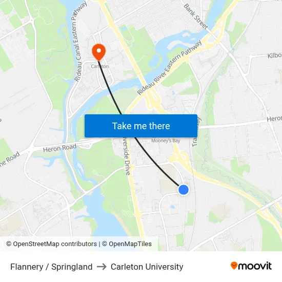 Flannery / Springland to Carleton University map