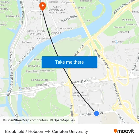 Brookfield / Hobson to Carleton University map