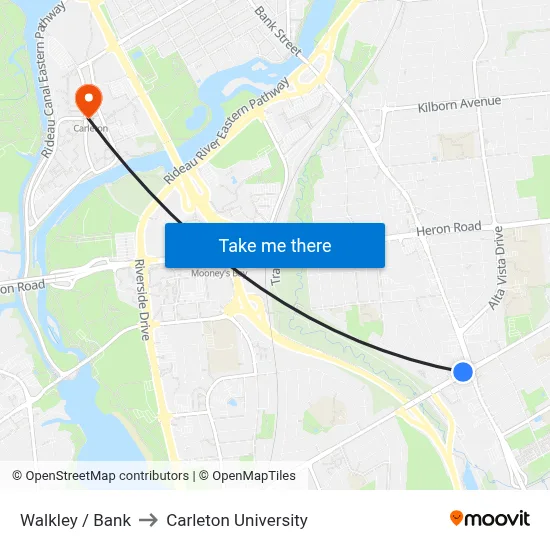 Walkley / Bank to Carleton University map