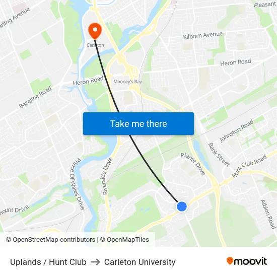 Uplands / Hunt Club to Carleton University map