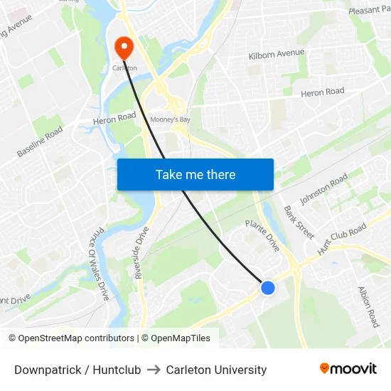 Downpatrick / Huntclub to Carleton University map